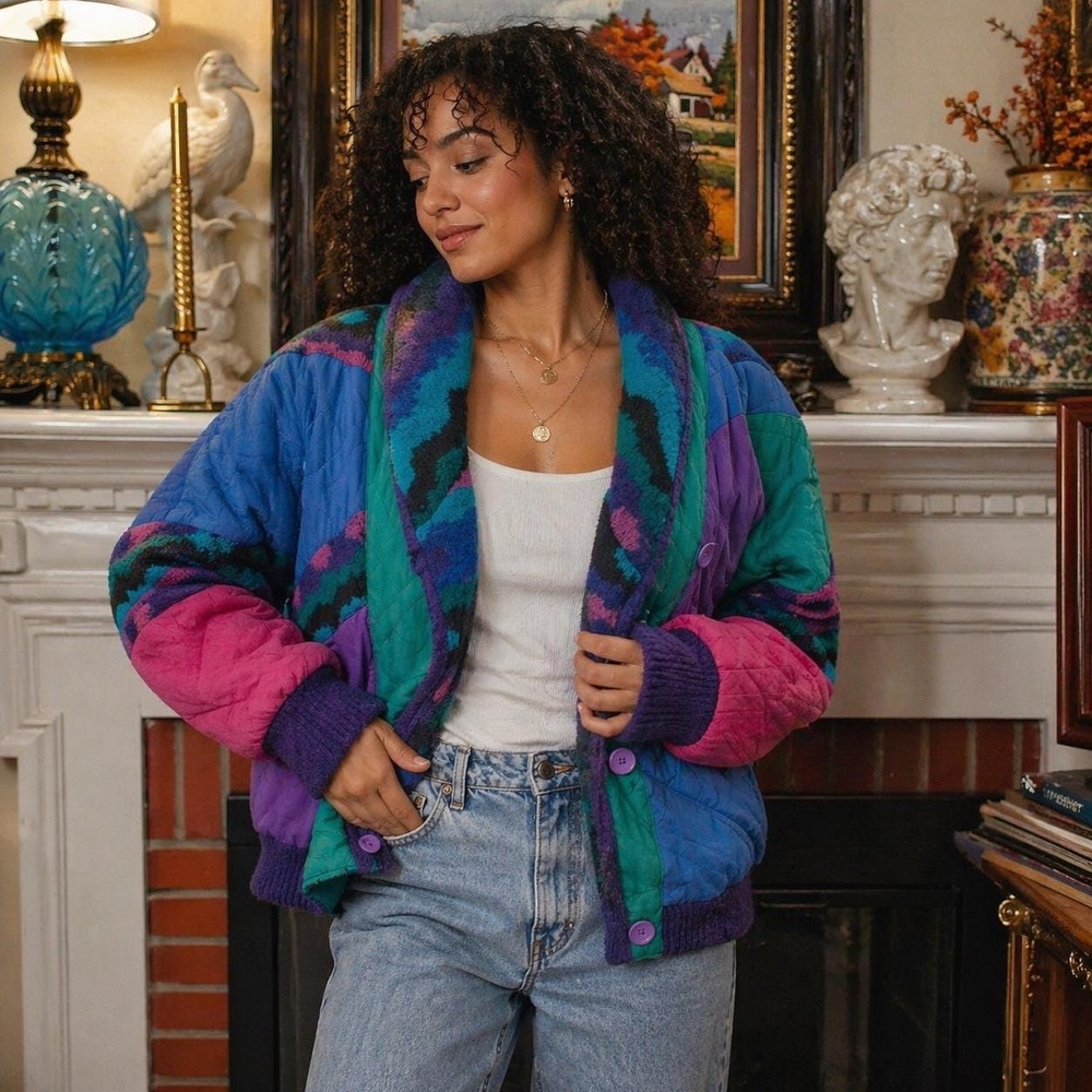 M 80s Jeweltoned Multicolored Coat with Contrasting Materials, Retro 80s Jacket